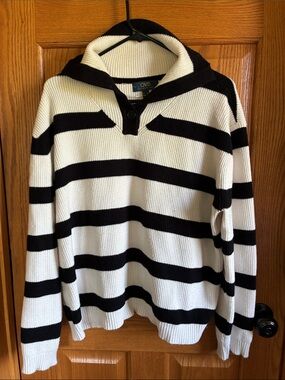 OVS Women's Black & White Striped V-Neck Sweater with Collar